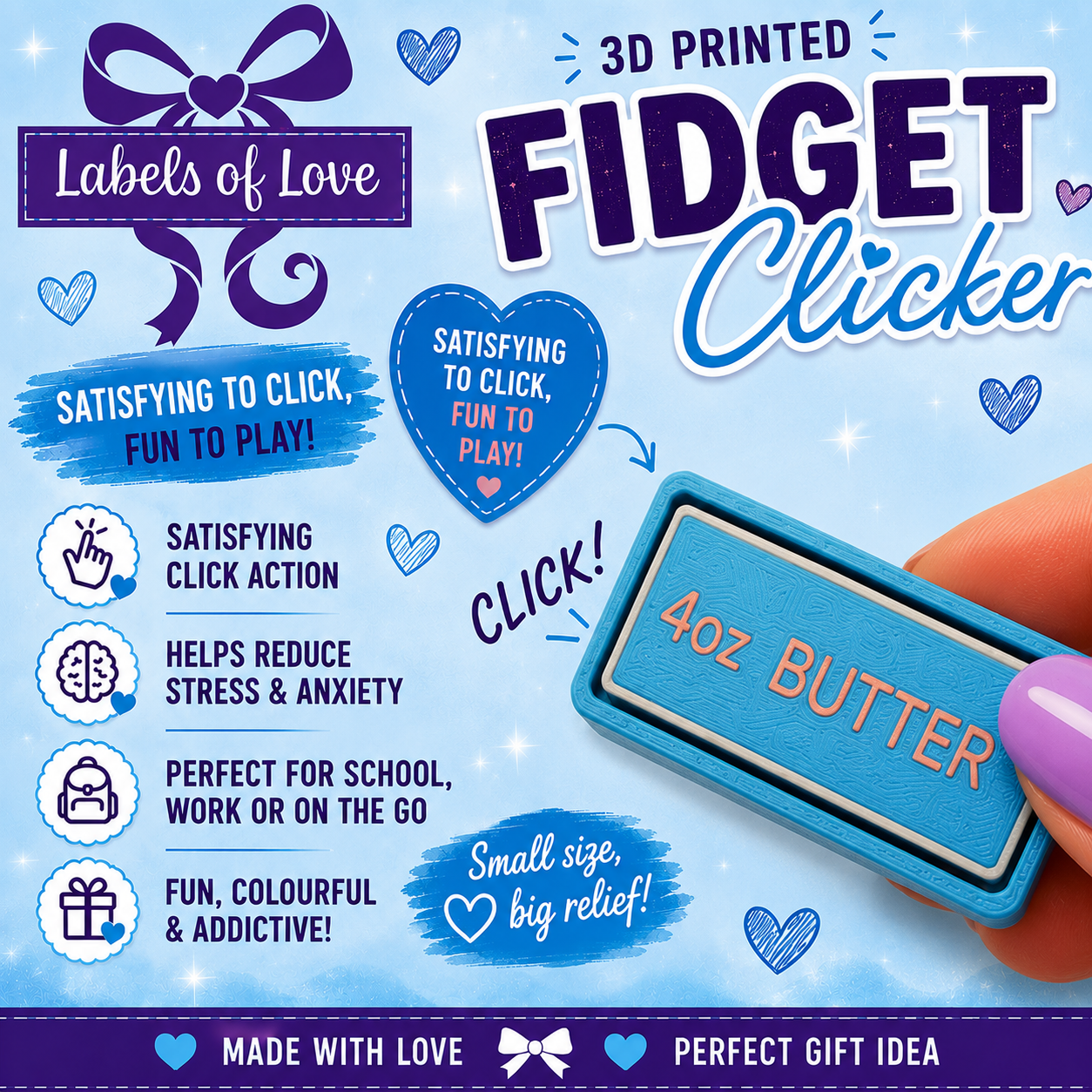 3D Printed Fidget Clicker | Sensory Click Toy | Handmade UK | Labels of Love