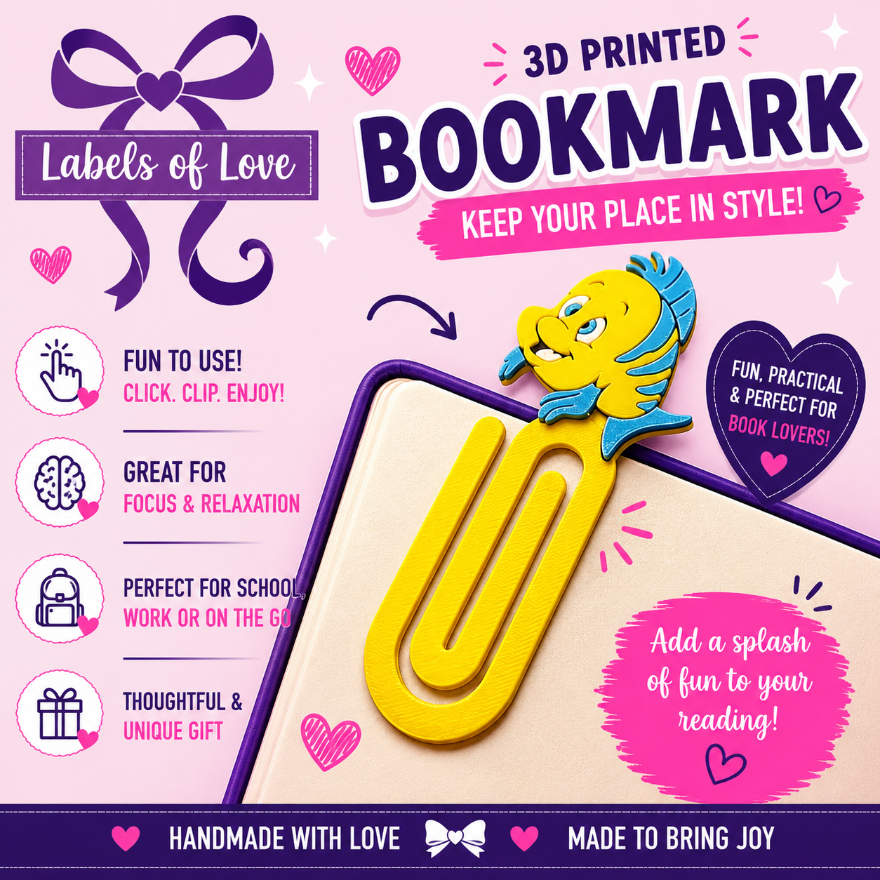 3D Printed Character Bookmark | Cute Handmade Bookmark | Fun Book Lover Gift | Teacher Gift | Reading Accessory | Labels of Love