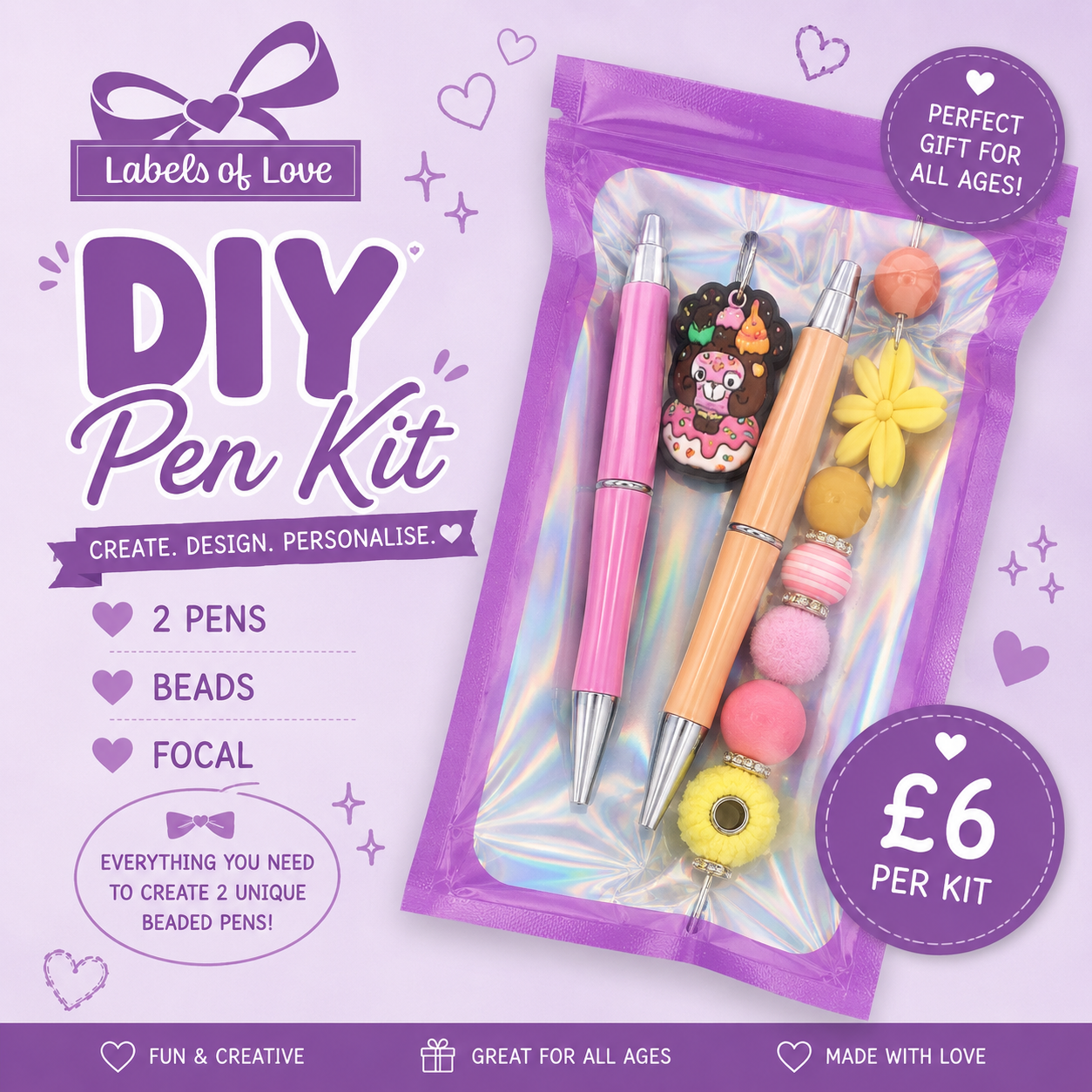 DIY Beaded Pen Kit | Make Your Own Pen Craft Kit | Creative Gift | Includes Pen, Beads & Focal Charm | Perfect for All Ages