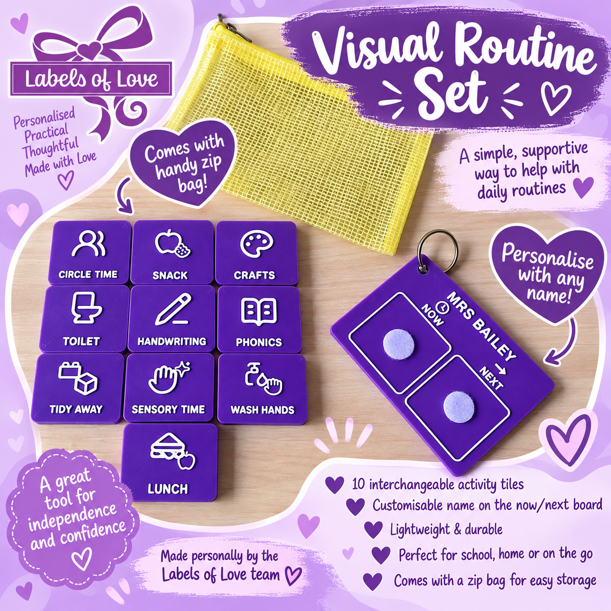 Personalised Now & Next Visual Routine Set – Board + 10 Activity Tiles